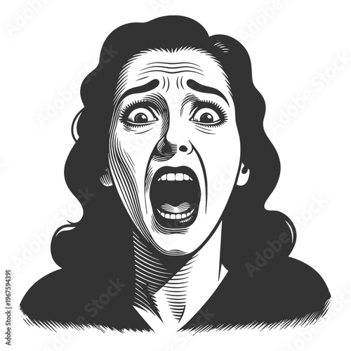 woman screaming in fear, exaggerated facial expression conveying panic, shock, and intense emotional reaction sketch engraving generative ai vector illustration. Scratch board. Black and white.