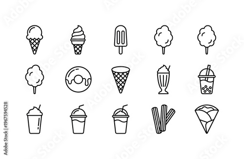 Ice cream cone, soft serve swirl, popsicle stick, cotton candy, donut with glaze, waffle cone, milkshake glass, smoothie cup,