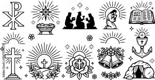 Minimalist black and white vector icons set with religious symbols, nativity scene elements, praying figure, and christian motifs