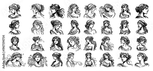 Ancient Greek and Roman Goddess Portrait Collection Hand Drawn Female Mythological Character Sketches