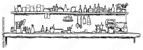 Professional Kitchen Counter with Cooking Utensils and Supplies Hand Drawn Sketch for Culinary and Restaurant Design