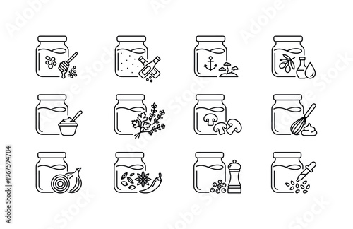 Glass jar with tomato sauce, glass jar with pesto, glass jar with cheese sauce, glass jar with garlic sauce, glass jar with chili