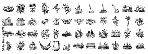 Gardening and Farming Icon Set Hand Drawn Sketches of Vegetables Flowers Tools and Insects for Eco Branding
