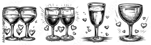 Wine Glasses with Hearts for Romantic Celebration Hand Drawn Sketch for Valentine Day and Wedding Toast