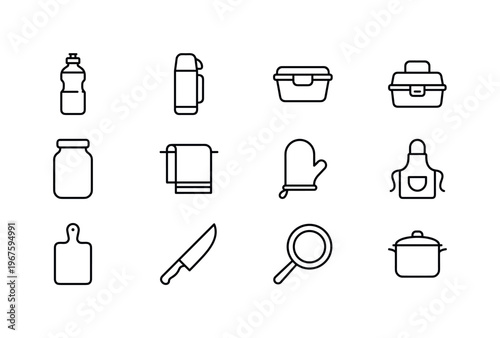 Water bottle, thermos, food container, lunch box, storage jar, kitchen towel, oven mitt, apron, cutting board, kitchen knife,