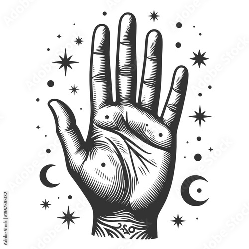 open hand with palm lines, surrounded by stars and moons, symbolizing palm reading, fate, and divination sketch engraving generative ai vector illustration. Scratch board. Black and white image.