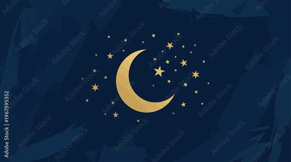 Fototapeta premium An elegant flat design featuring a golden crescent moon and stars against a subtly textured background, perfect for sophisticated Idul Adha greetings.