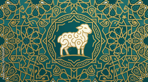 An elegant flat design featuring a stylized lamb icon centered on a rich Islamic geometric pattern, representing the spirit of sacrifice for Idul Adha.