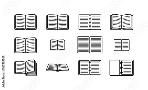 Open notebook, closed notebook, notebook with bookmark, notebook with elastic band, notebook with pen loop, notebook with tabs,