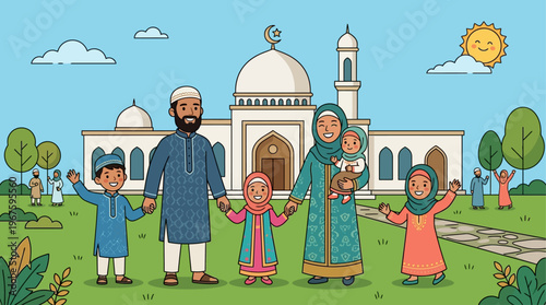 A heartwarming flat design illustration depicting a joyful Muslim family celebrating Idul Adha outside a mosque, emphasizing community and togetherness.