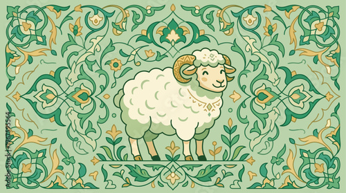 A charming flat design illustration featuring a friendly stylized sheep surrounded by intricate Islamic floral patterns, symbolizing peace and sacrifice for Idul Adha.