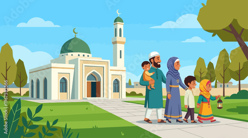 A heartwarming flat design illustration depicting a joyful Muslim family celebrating Idul Adha outside a mosque, emphasizing community and togetherness.