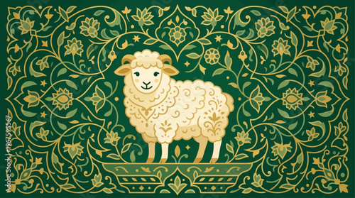 A charming flat design illustration featuring a friendly stylized sheep surrounded by intricate Islamic floral patterns, symbolizing peace and sacrifice for Idul Adha.