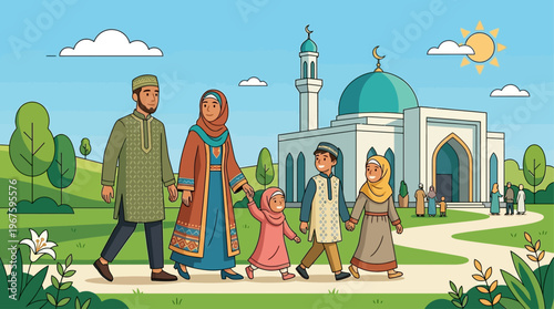 A heartwarming flat design illustration depicting a joyful Muslim family celebrating Idul Adha outside a mosque, emphasizing community and togetherness.