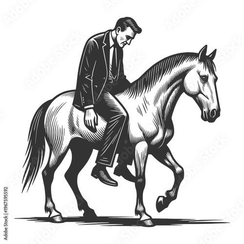fatigued businessman slumped on a weary horse, burnout, overwork, and exhaustion in modern life sketch engraving generative ai vector illustration. Scratch board imitation. Black and white image.