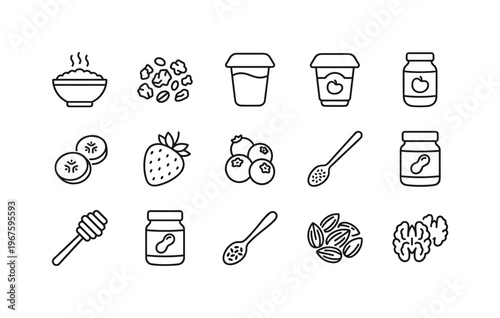 Oatmeal bowl, granola pile, yogurt cup, sliced banana, strawberry, blueberry cluster, honey dipper, peanut butter jar, chia seeds