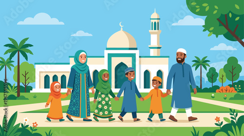 A heartwarming flat design illustration depicting a joyful Muslim family celebrating Idul Adha outside a mosque, emphasizing community and togetherness.