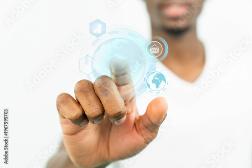 the hand of a man touching a virtual screen