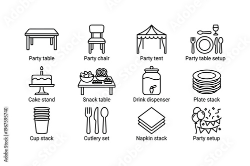Party table, party chair, party tent, party table setup, cake stand, snack table, drink dispenser, plate stack, cup stack, cutlery