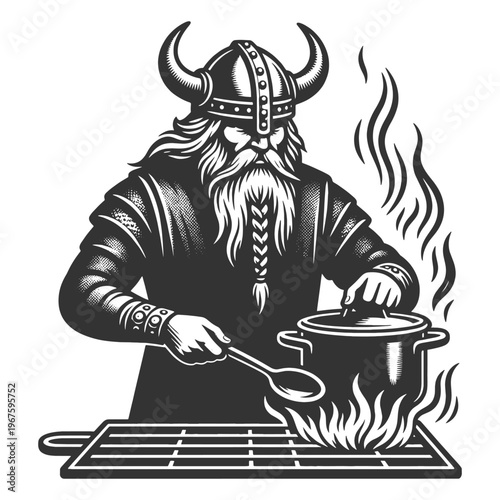 bearded Viking warrior cooking over an open flame, blending Norse culture, rustic food, and medieval character design sketch engraving generative ai vector illustration. Scratch board. Black and white