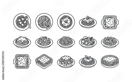 Spaghetti with meatballs plate, pasta with pesto plate, pasta with tomato sauce plate, pasta with creamy sauce plate, pasta with