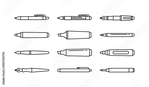 Ballpoint pen, gel pen, fountain pen, marker pen, highlighter pen, felt tip pen, brush pen, permanent marker, whiteboard marker,
