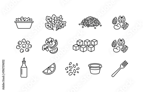 Salad container, mixed greens, quinoa portion, chickpeas, roasted vegetables, feta cubes, olive oil bottle, lemon wedge, nuts mix,