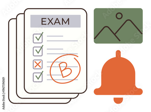 Education, exam results, notifications, grading, task management, academic planning. Exam paper with checklist and grade, notification bell and image icon. Education and notifications concept