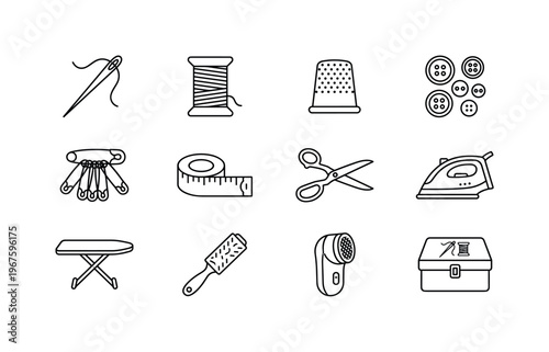 Sewing needle, thread spool, thimble, buttons set, safety pins, measuring tape, fabric scissors, iron, ironing board mini, lint