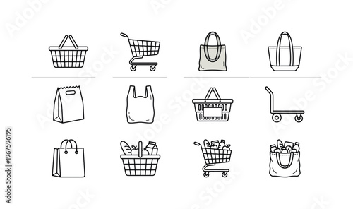 Shopping basket, shopping cart, reusable bag, tote bag, paper bag, grocery bag, supermarket basket, cart with wheels, bag with