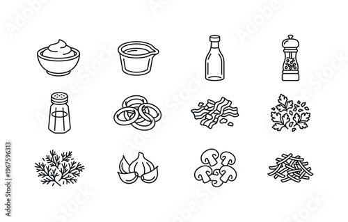 Sour cream bowl, melted butter cup, vinegar bottle, black pepper grinder, salt shaker, fried onion rings, crispy bacon bits,