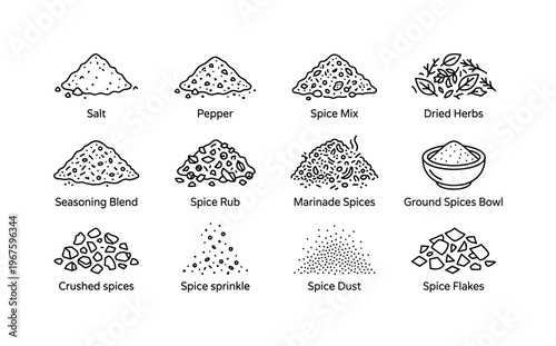 Salt pile, pepper pile, spice mix pile, dried herbs pile, seasoning blend, spice rub, marinade spices, ground spices bowl, crushed