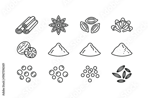 Cinnamon sticks, star anise, cardamom pods, cloves pile, nutmeg whole, paprika powder, turmeric powder, curry powder, black