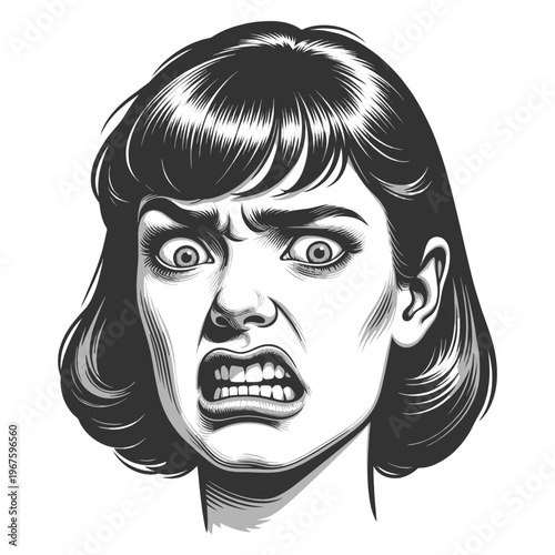 woman showing anger and frustration, with exaggerated facial features conveying rage, tension, and strong emotional intensity sketch engraving generative ai vector illustration. Scratch board. 