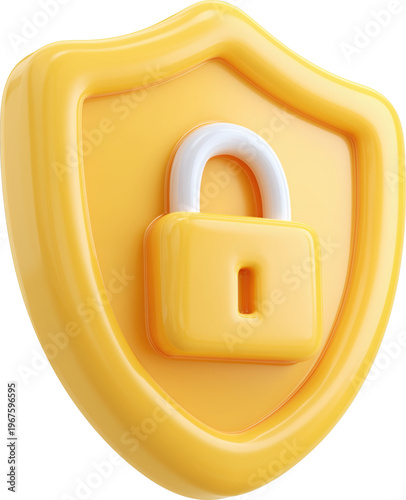 3d cute cartoon yellow security shield with padlock for data protection isolated on transparent background.