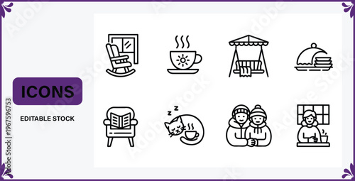 Editable line icons of people and daily life activities and objects  office chair and coffee cup and covered plate