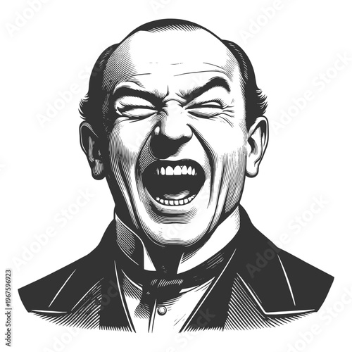bald man shouting with eyes closed, showing strong emotion, tension, and dramatic facial expression sketch engraving generative ai vector illustration. Scratch board imitation. Black and white image.