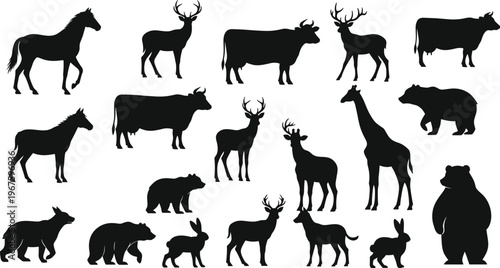 Animal silhouette vector collection featuring wild and domestic creatures including deer elk bear giraffe cow horse rabbit and forest wildlife icons for graphic design projects.