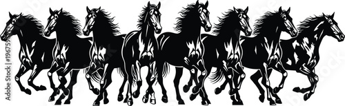 Black and white horse silhouette set featuring a large group of wild stallions running together isolated on white background for equine vector illustration design.