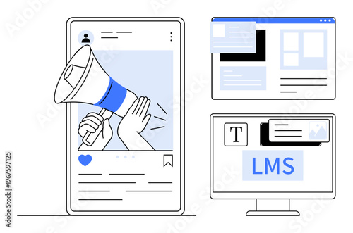 Digital marketing, education technology, online courses, information sharing, social media campaigns, content creation. A smartphone with a megaphone and desktop screens. Digital marketing