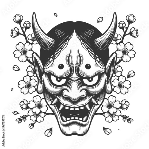 traditional Japanese oni demon mask surrounded by cherry blossoms, blending folklore, strength, and delicate nature sketch engraving generative ai vector illustration. Scratch board. Black and white.