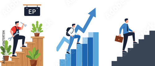 Flat vector illustration showing professional career growth stages featuring a mechanic student and businessman climbing stairs toward success achievement and financial progress goals.