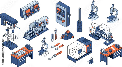 Industrial factory machinery and laboratory equipment set featuring isometric lathe drill press microscope and workbench icons isolated on white background for engineering vector illustration.