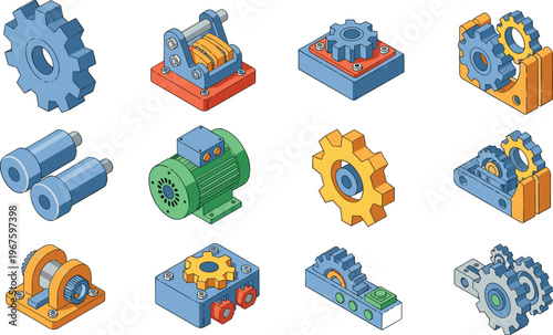 Industrial mechanical gear set featuring isometric engine motor and gearbox icons isolated on white background for engineering manufacturing technical machine vector illustration design.