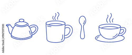 Tea time icons set with teapot, hot mug, spoon and teacup with saucer. Blue line vector on white background.