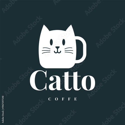 cat coffee logo, white cat face on mug