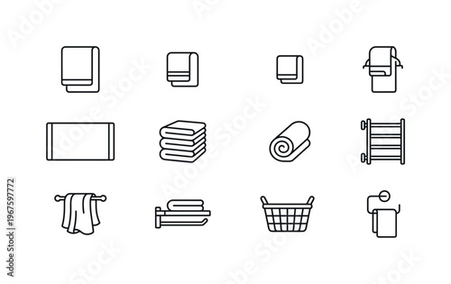 Bath towel, hand towel, face towel, beach towel, folded towel stack, rolled towel, hanging towel, towel with loop, towel rack,