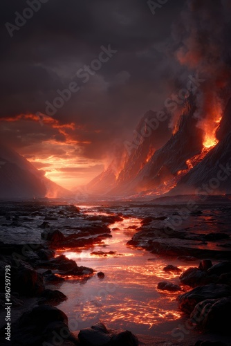 A breathtaking digital artwork of a volcanic landscape at sunset, with molten lava flowing into a body of water surrounded by rocky terrain. The sky is painted with fiery oranges, reds, and purples.