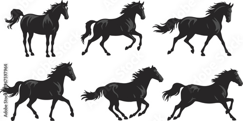 horse vector silhouettes dynamic poses gallop trot jump run motion