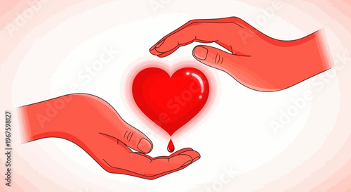 Hands protecting and exchanging a glowing red heart with blood drop